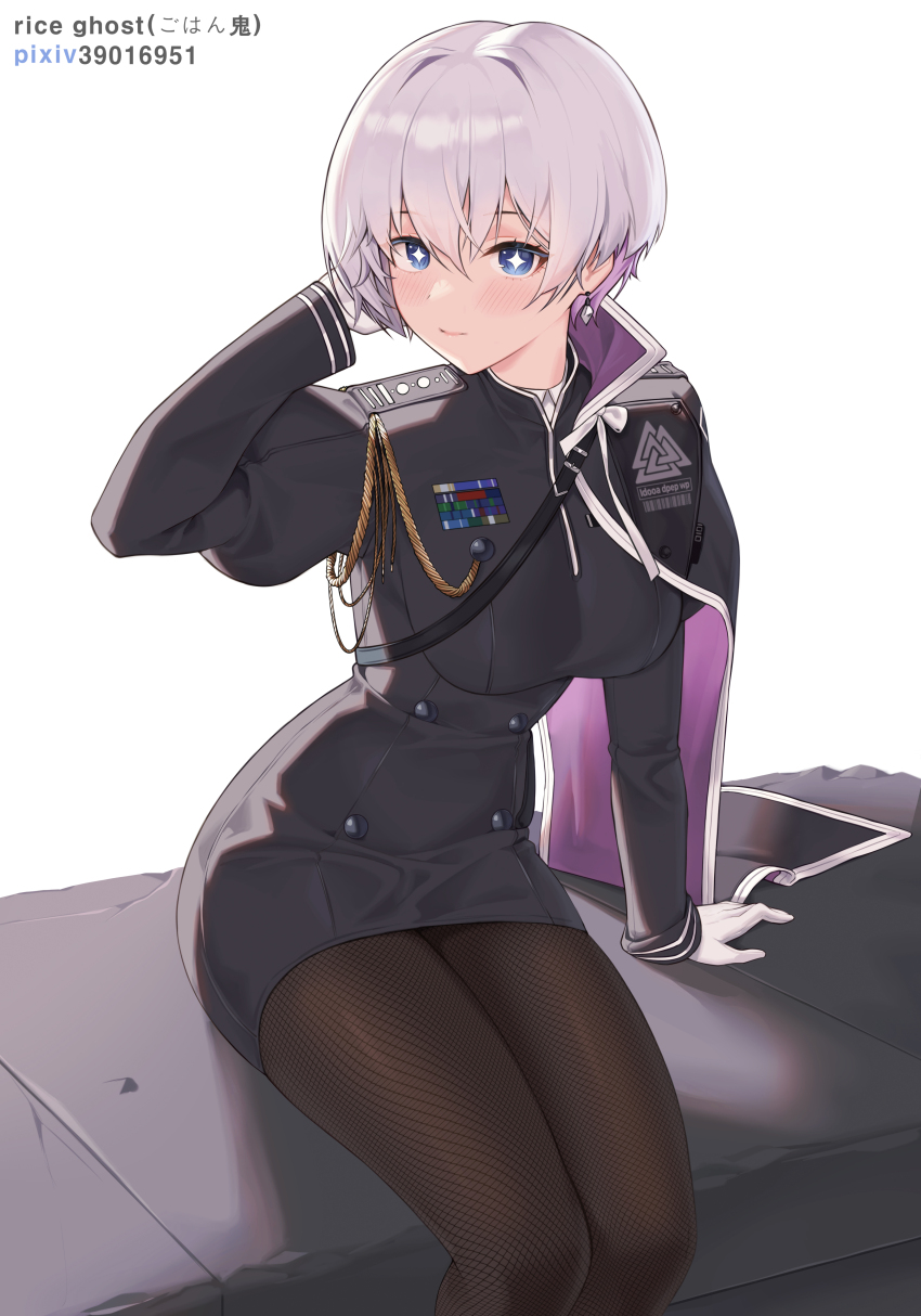 1girl absurdres arm_behind_head artist_name backlighting black_cape black_pantyhose blue_eyes blush breasts cape gloves goddess_of_victory:_nikke gohan_oni highres large_breasts legs_together liliweiss_(nikke) multicolored_hair pantyhose short_hair sitting solo uniform white_gloves