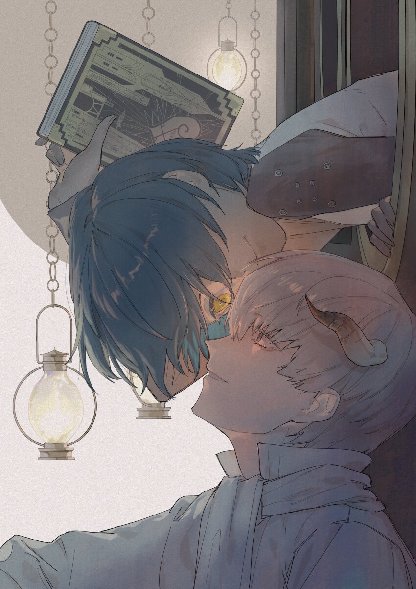 2boys absurdres black_shirt blue_hair book closed_mouth collared_shirt commentary_request dark_blue_hair eye_contact grey_eyes hair_over_one_eye hanging_lantern harui_86 highres holding holding_book horns lantern leaning_forward long_sleeves looking_at_another male_focus metaphor:_refantazio multiple_boys one_eye_covered parted_lips popped_collar protagonist_(metaphor:_refantazio) scarf shirt short_hair sitting smile strohl_(metaphor:_refantazio) vest white_hair white_scarf white_shirt white_vest yaoi yellow_eyes