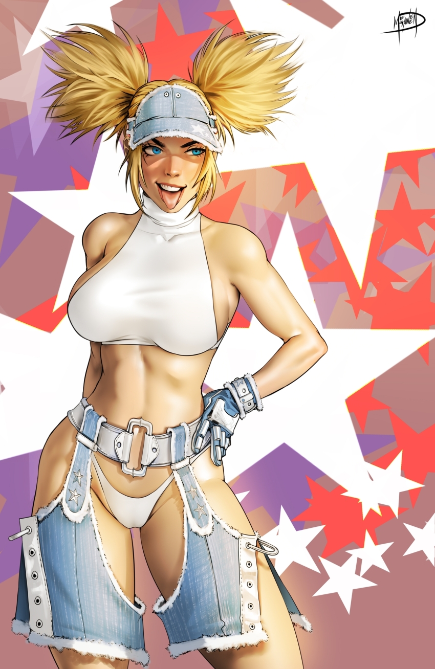 1girl alternate_costume alternate_hairstyle bare_shoulders blonde_hair blue_eyes blue_mary breasts gloves halterneck hand_on_own_hip highres kof:_maximum_impact large_breasts maximum_impact_ii megaween midriff naughty_face navel panties revealing_clothes shirt smile snk solo the_king_of_fighters tongue tongue_out twintails underwear visor_cap white_panties white_shirt