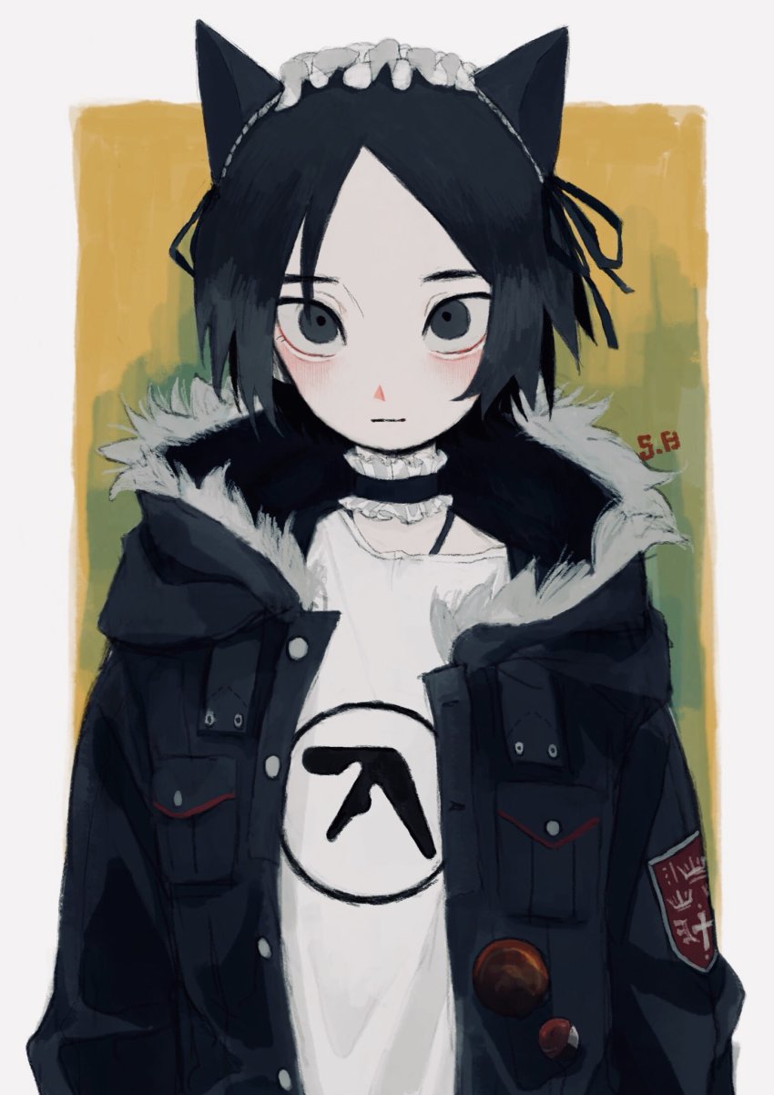 1boy :| aphex_twin badge black_hair blouse breast_pocket button_badge choker closed_mouth coat expressionless grey_eyes highres looking_at_viewer maid_headdress original pale_skin parted_bangs pocket print_shirt shirt tagme upper_body white_shirt wide-eyed