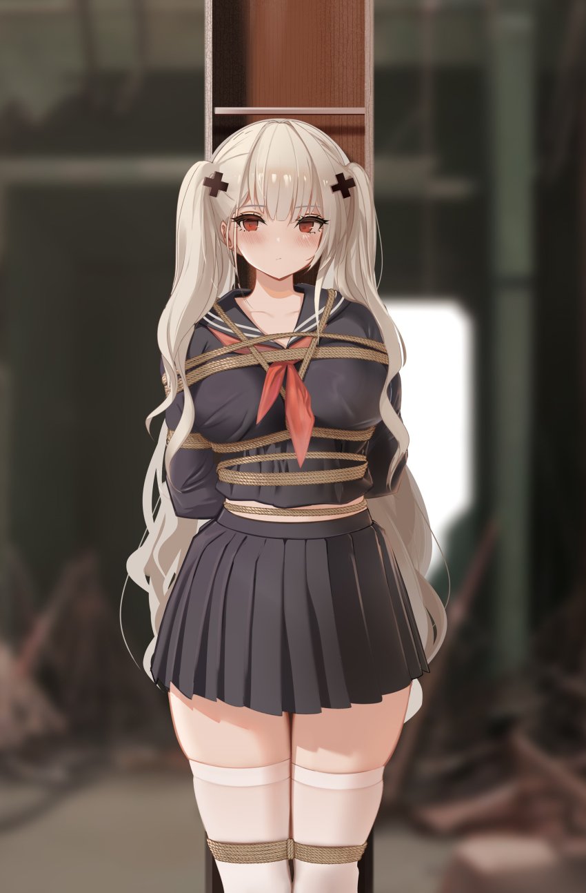 1girl absurdres arms_behind_back awaji azur_lane bdsm black_sailor_collar black_serafuku black_skirt blurry blurry_foreground bondage bound bound_arms bound_legs bound_torso breast_bondage breasts commentary cowboy_shot english_commentary formidable_(azur_lane) formidable_(the_lover&#039;s_heart_flutters_on_duty)_(azur_lane) grey_hair highres large_breasts long_hair long_sleeves looking_at_viewer midriff_peek neckerchief official_alternate_costume pleated_skirt red_eyes red_neckerchief restrained rope sailor_collar school_uniform serafuku shibari shibari_over_clothes skirt solo steel_beam thighhighs twintails very_long_hair white_thighhighs zettai_ryouiki