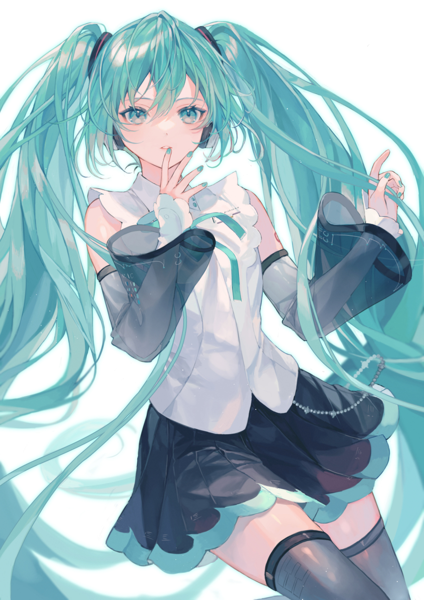 1girl aqua_eyes aqua_hair bare_shoulders black_thighhighs detached_sleeves green_eyes green_hair green_nails hatsune_miku hatsune_miku_(nt) headphones headset highres long_hair miniskirt nail_polish pleated_skirt shinotarou_(nagunaguex) shirt skirt sleeveless sleeveless_shirt thighhighs twintails very_long_hair vocaloid white_background white_shirt wide_sleeves zettai_ryouiki