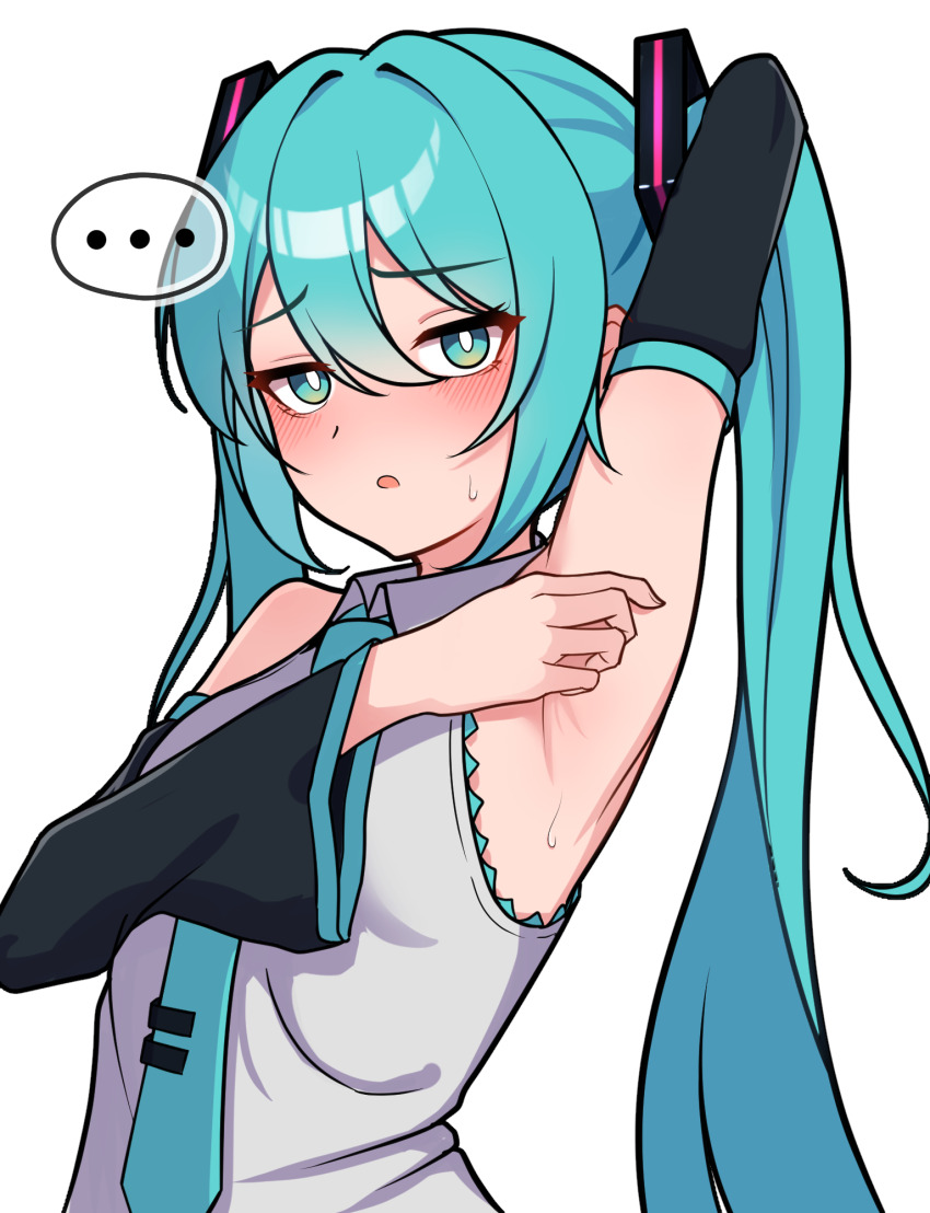 1girl :o aqua_eyes aqua_hair aqua_necktie arm_behind_head armpits bare_shoulders black_sleeves blush breasts bright_pupils check_commentary collared_shirt commentary_request detached_sleeves disappointed double-parted_bangs fingernails furrowed_brow hair_intakes hatsune_miku highres kumada_gaon long_hair looking_at_viewer necktie parted_lips presenting_armpit shirt simple_background small_breasts solo sweatdrop tie_clip twintails upper_body vocaloid white_background white_pupils white_shirt