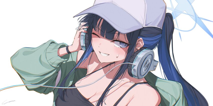 1girl aqua_jacket baseball_cap black_camisole blue_archive blue_halo breasts camisole cleavage colored_inner_hair halo hat headphones headphones_around_neck highres jacket multicolored_hair official_alternate_costume official_alternate_hairstyle ponytail saori_(blue_archive) saori_(swimsuit)_(blue_archive) simple_background solo sweat white_background white_hat yo_na