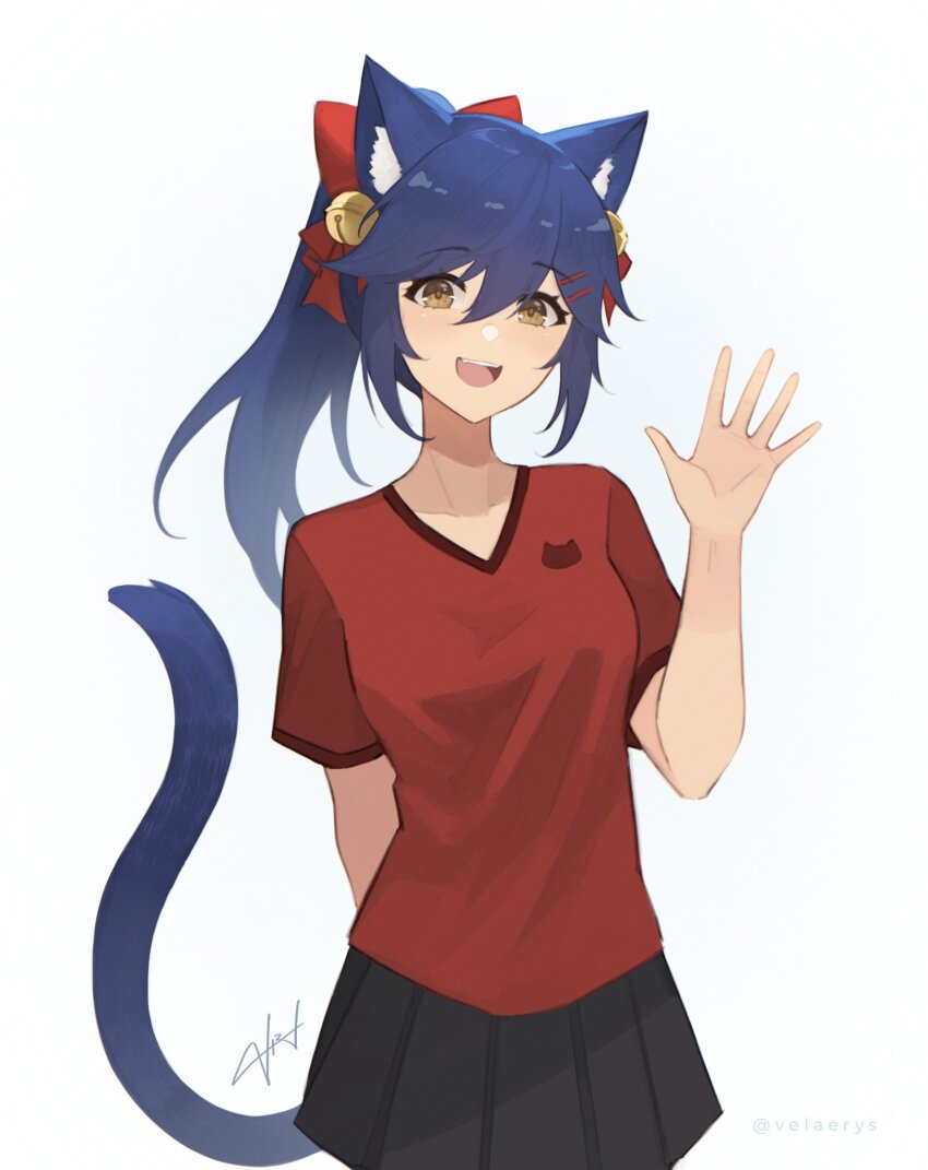 1girl :d animal_ears arm_behind_back artist_request bell black_skirt blue_hair bow breasts cat_ears cat_girl cat_tail collarbone cowboy_shot hair_bell hair_between_eyes hair_ornament hairclip hand_up highres looking_at_viewer open_mouth original ponytail red_bow red_shirt second-party_source shirt short_sleeves signature simple_background skirt smile solo t-shirt tail teeth tongue upper_teeth_only waving white_background yellow_eyes yuna_(1230james)