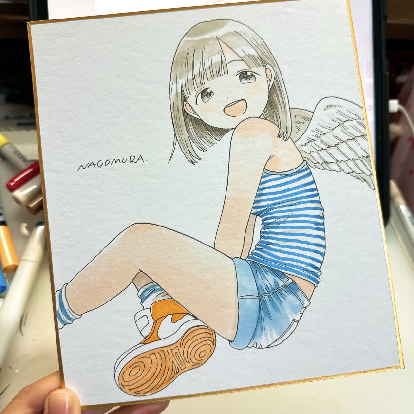 1girl angel_wings art_tools_in_frame artist_name bare_shoulders blunt_bangs bob_cut brown_eyes brown_hair camisole denim denim_shorts dot_nose from_side highres looking_at_viewer looking_to_the_side nagomurasan open_mouth original pastel_(medium) photo_(medium) shikishi shoe_soles shoes short_hair shorts signature simple_background sitting smile solo striped_camisole swept_bangs teeth traditional_media upper_teeth_only white_background wings