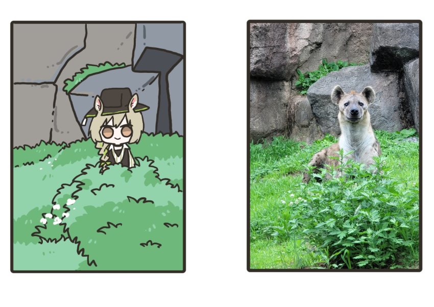 1girl animal animal_ears arknights beanstalk_(arknights) black_hat braid brown_eyes bush chibi closed_mouth fedora grey_hair hat hyena hyena_ears hyena_girl photo-referenced photo_inset real_life_insert rihi_ewokakune solo