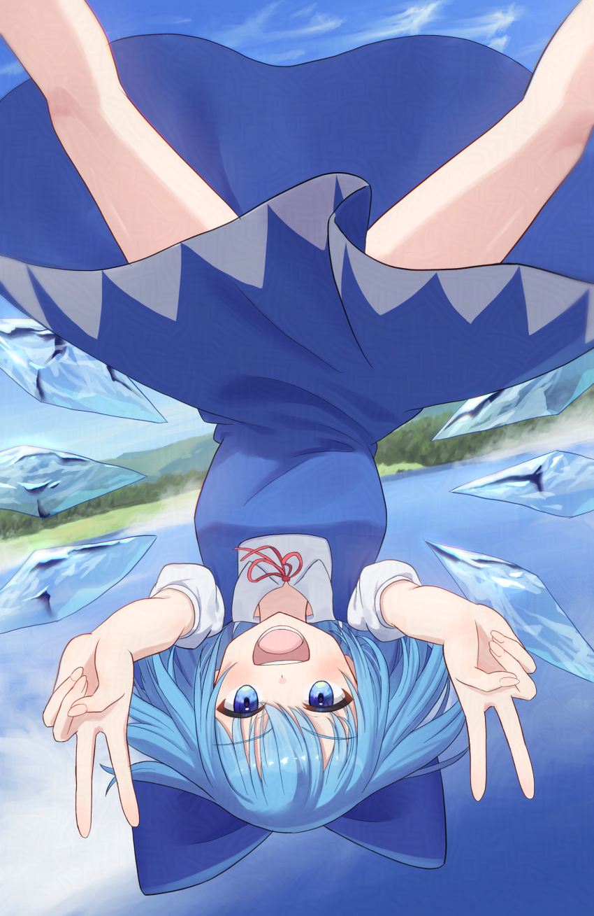 1girl absurdres beckody blue_bow blue_dress blue_eyes blue_hair blue_sky blush bow cirno commentary_request day detached_wings double_v dress hair_bow highres ice ice_wings lake looking_at_viewer neck_ribbon open_mouth pinafore_dress puffy_short_sleeves puffy_sleeves red_ribbon ribbon short_sleeves sky sleeveless sleeveless_dress smile solo touhou upside-down v water wings