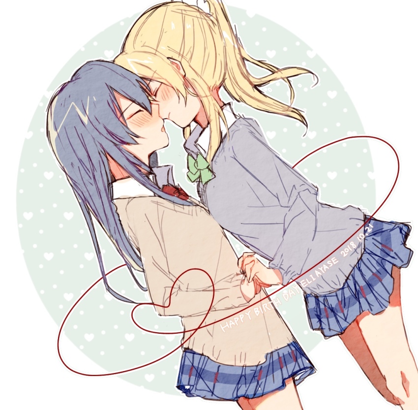 2girls ayase_eli blonde_hair blue_hair dated english_text from_side holding_hands interlocked_fingers kakiringo long_hair love_live! love_live!_school_idol_project multiple_girls otonokizaka_school_uniform pleated_skirt school_uniform skirt sonoda_umi yuri