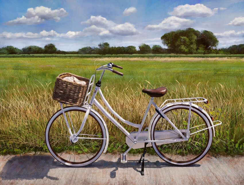 bicycle bicycle_basket blue_sky cloud commentary day english_commentary field grass highres jacksonjokerart no_humans object_focus original outdoors shadow sky tree