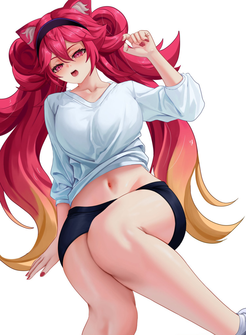 1girl animal_ears arm_at_side bare_legs blue_skirt blush breasts collarbone expressionless feet_out_of_frame female_focus fingernails gradient_hair hairband hand_up indie_virtual_youtuber large_breasts lion_ears lion_girl long_fingernails long_hair looking_at_viewer lunaria_ayaren mana_(manasenshou) multicolored_hair nail_polish navel open_mouth orange_hair purple_hairband red_eyes red_hair red_nails shirt sitting skirt solo teeth tongue twintails two-tone_hair upper_teeth_only virtual_youtuber white_shirt