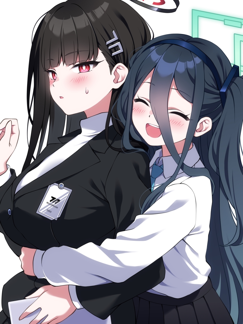 2girls aris_(blue_archive) black_hair black_jacket blue_archive blush breasts buta_(dhakaoat) closed_eyes commentary_request from_side front-to-back hair_between_eyes halo highres hug hug_from_behind id_card jacket long_bangs long_hair long_sleeves looking_at_viewer multiple_girls open_mouth parted_lips rectangular_halo red_eyes ringed_eyes rio_(blue_archive) school_uniform shirt simple_background smile sweatdrop turtleneck upper_body white_background white_shirt