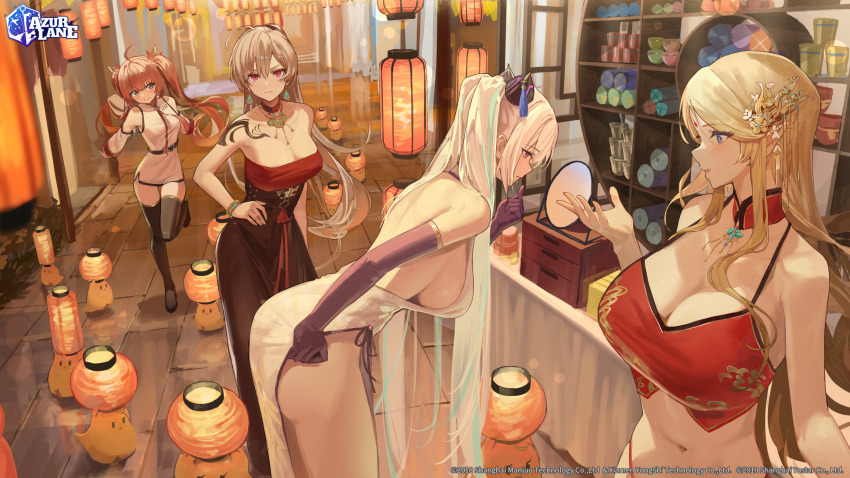 4girls arm_tattoo ass azur_lane backless_dress backless_outfit bandeau bare_shoulders belt black_belt black_shoes black_skirt black_thighhighs blonde_hair blue_eyes blue_hair bracelet breasts brest_(azur_lane) brest_(moonlit_night&#039;s_spring_vista)_(azur_lane) brown_hair bun_cover china_dress chinese_clothes choker cleavage closed_mouth crop_top detached_sleeves double_bun dress dudou elbow_gloves facial_mark forehead_mark fu_shun_(azur_lane) fu_shun_(retrofit)_(azur_lane) gloves hair_bun hair_ornament hand_on_own_hip hidulume high_heels highres huadian jean_bart_(azur_lane) jean_bart_(springlight_etoiles)_(azur_lane) jewelry kearsarge_(azur_lane) kearsarge_(springtime_monitoring)_(azur_lane) lantern large_breasts leaning_forward logo long_hair long_skirt looking_at_another looking_at_viewer manjuu_(azur_lane) medium_breasts mirror multiple_girls navel necklace necktie official_alternate_costume official_art ponytail purple_eyes purple_gloves red_bandeau red_choker red_hair red_necktie scroll second-party_source shirt shoes short_dress shoulder_tattoo side_slit sideboob sidelocks skirt smile standing tassel tassel_hair_ornament tattoo thighhighs twintails watermark white_dress white_hair