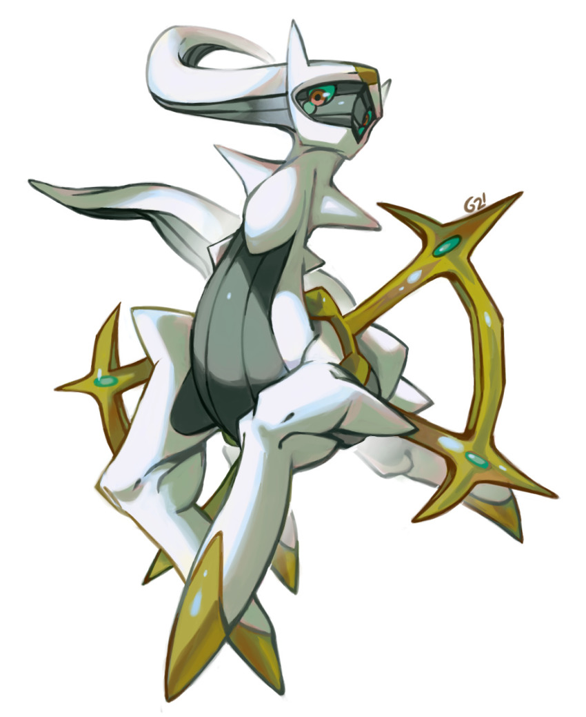 arceus brown_eyes colored_sclera commentary creature creatures_(company) full_body game_freak gen_4_pokemon green_sclera highres legendary_pokemon mythical_pokemon nintendo no_humans pinkgermy pokemon pokemon_(creature) signature simple_background solo white_background