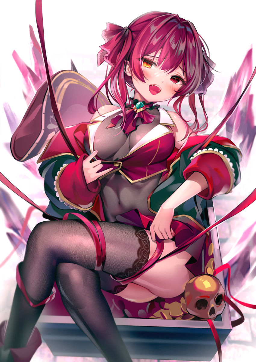 1girl :d ascot ass blush bodystocking breasts brown_thighhighs cleavage coin covered_navel cropped_jacket crossed_legs green_jacket hair_ribbon heterochromia highres hololive houshou_marine jacket large_breasts luna_nyann open_clothes open_jacket open_mouth red_ascot red_eyes red_hair red_jacket red_ribbon ribbon see-through_clothes see-through_cleavage sitting smile solo thighhighs twintails virtual_youtuber yellow_eyes