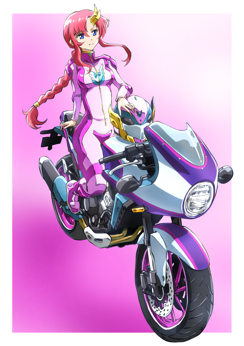 1girl biker_clothes bikesuit blue_eyes bodysuit boots braid breasts gundam gundam_seed gundam_seed_freedom hair_ornament helmet highres honda lacus_clyne long_hair looking_at_viewer motor_vehicle motorcycle motorcycle_helmet on_motorcycle pink_hair riding single_braid smile solo taiga_hiroyuki very_long_hair