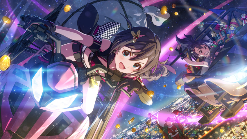 alternate_hair_color baba_konomi bag bell belt black_hair blue_eyes box braid candy candy_cane checkered_clothes christmas cityscape coin faceless fingerless_gloves food game_cg gift gift_box gloves grin idolmaster idolmaster_million_live! idolmaster_million_live!_theater_days magic maihama_ayumu midair multicolored_hair official_art open_mouth ponytail purple_eyes riding short_shorts shorts sky smile star_(sky) star_(symbol) starry_sky steering_wheel white_hair