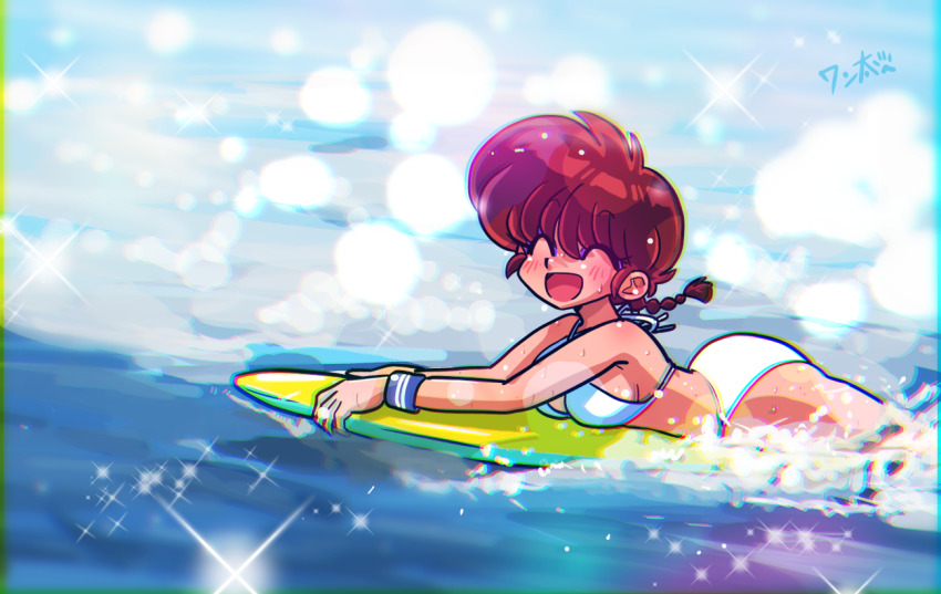 1girl ass bikini blush braid closed_eyes genderswap genderswap_(mtf) ocean open_mouth ranma-chan ranma_1/2 red_hair saotome_ranma single_braid surfboard surfing swimsuit wanta_(futoshi) water white_bikini