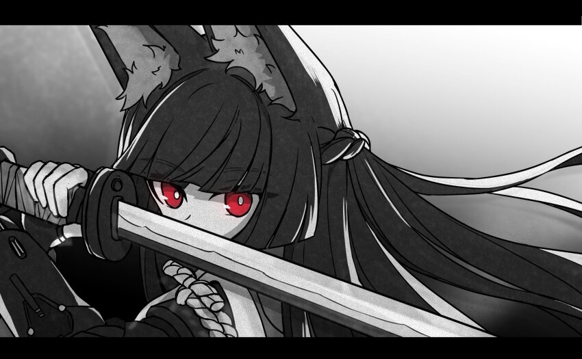 1girl animal_ear_fluff blunt_bangs expressionless fingerless_gloves gloves highres holding holding_sword holding_weapon hoshimi_miyabi katana long_hair looking_at_viewer monochrome red_eyes sidelocks simple_background sodamoon solo spot_color sword upper_body weapon zenless_zone_zero