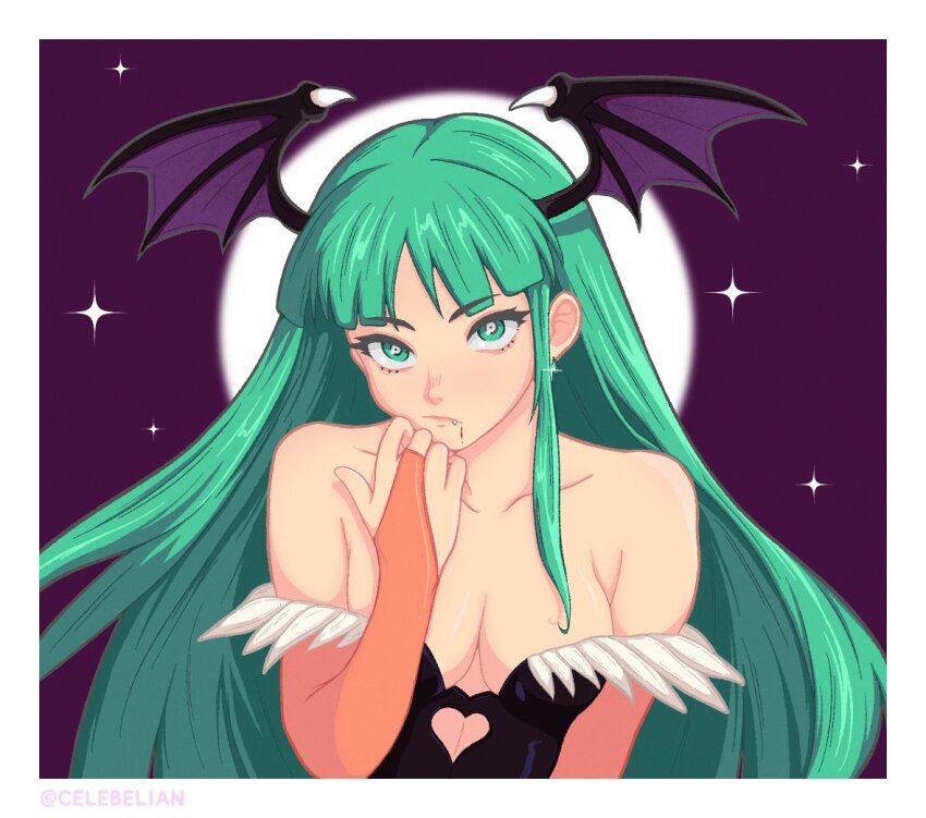 1girl bare_shoulders black_leotard border breasts bridal_gauntlets celebelian cleavage clothing_cutout cutout_above_navel darkstalkers demon_girl demon_wings full_moon green_eyes green_hair head_wings heart_cutout leotard medium_breasts moon morrigan_aensland off_shoulder purple_background simple_background solo white_border wings