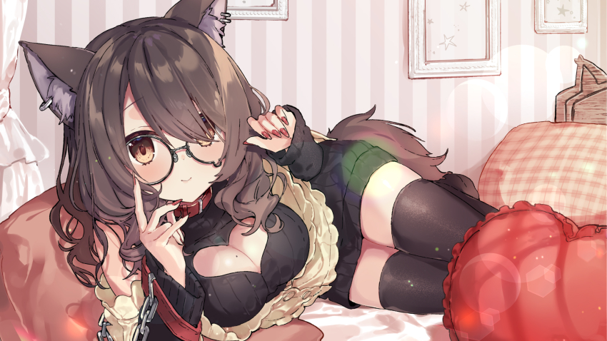 1girl alternate_costume animal_ears bed black_thighhighs breasts brown_eyes brown_hair cleavage cleavage_cutout clothing_cutout commentary_request fingernails glasses highres light_up lying medium_hair on_side pillow solo teardrop-framed_glasses thighhighs virtual_youtuber yumesaki_nana yuzuki_uru