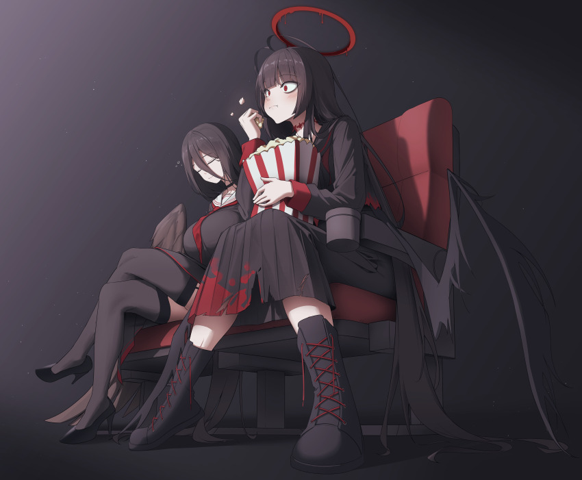 2girls absurdres antenna_hair bags_under_eyes black_footwear black_hair black_serafuku black_thighhighs black_wings blue_archive blush boots crossed_legs eating feathered_wings food hair_between_eyes halo hasumi_(blue_archive) highres knee_boots long_hair long_hair_between_eyes multiple_girls popcorn red_eyes red_halo samgong school_uniform serafuku sitting sleeping thighhighs tsurugi_(blue_archive) very_long_hair wings