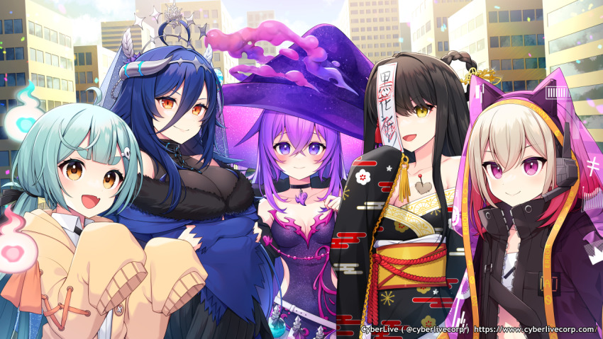 5girls :d alchemilla_menace black_hair black_jacket black_kimono blonde_hair blue_hair blush braid breasts character_request closed_mouth colored_inner_hair copyright_request crossed_bangs cyberlive dress fang hair_between_eyes hair_rings hands_up horns inami_yoki jacket japanese_clothes kimono konogi_nogi large_breasts long_hair long_sleeves looking_at_viewer medium_breasts multicolored_hair multiple_girls obi ofuda open_mouth orange_eyes oumiya_emma pink_eyes pink_hair purple_dress purple_eyes purple_hair sash skin_fang sleeves_past_fingers sleeves_past_wrists small_breasts smile tassel thick_eyebrows virtual_youtuber yellow_eyes yellow_sash