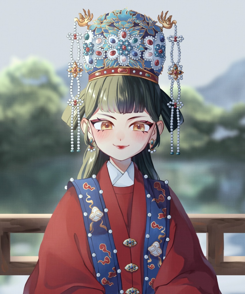 1girl beizi_(clothing) blush china_(kuroussa) chinese_clothes fence fengguan gem green_hair hair_rings hanfu highres kuroussa lake long_hair looking_at_viewer multicolored_hair original outdoors pearl_(gemstone) red_hanfu red_lips smile solo split-color_hair upper_body yellow_eyes yuanlingpao