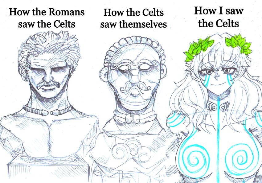 1girl absurdres anonhistory body_markings bodypaint breasts celtic commentary english_commentary english_text facepaint highres large_breasts laurel_crown long_hair looking_at_viewer nude original pictish_witch_(anonhistory) picts smile statue upper_body