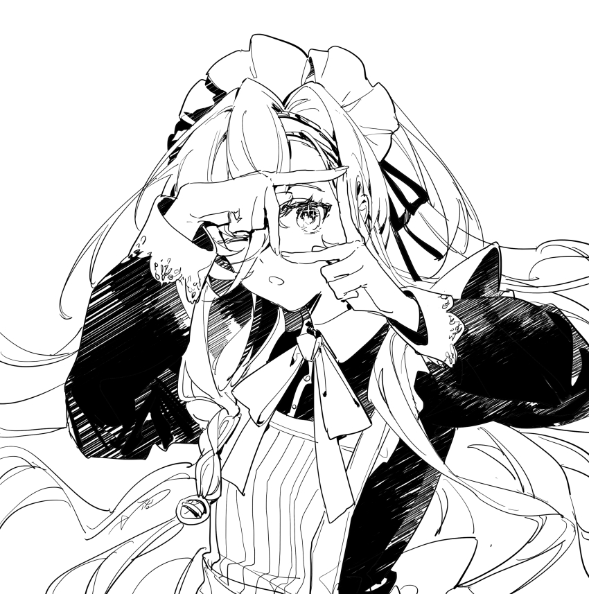 1girl 37_(reverse:1999) ;o absurdres apron bow bowtie dress finger_frame finger_frame_over_eye floating_hair greyscale hair_between_eyes hands_up highres long_hair long_sleeves looking_at_viewer maid maid_headdress monochrome one_eye_closed reverse:1999 solo upper_body very_long_hair walluka white_background