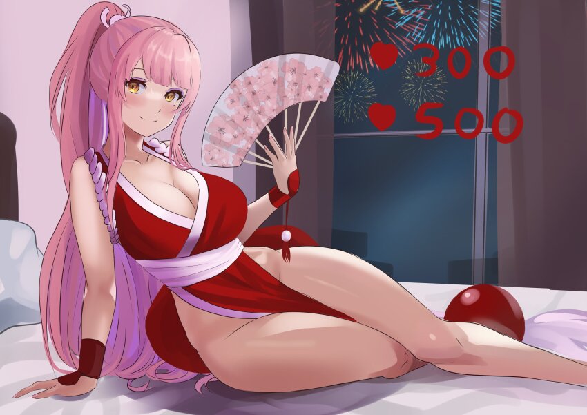 1girl absurdres arm_support bare_hips bare_legs bare_shoulders bed blush breasts cleavage closed_mouth collarbone cosplay dot_nose dress estebaneishon1 eyebrows fatal_fury feet_out_of_frame female_focus fingernails hand_fan hand_up highres holding holding_fan indie_virtual_youtuber indoors large_breasts leaning_to_the_side long_hair looking_at_viewer merun_morino mole mole_under_eye nail_polish on_bed pelvic_curtain pink_hair pink_nails ponytail red_dress shiranui_mai shiranui_mai_(cosplay) sitting sleeveless sleeveless_dress smile snk solo tasuki two-tone_dress virtual_youtuber white_dress yellow_eyes