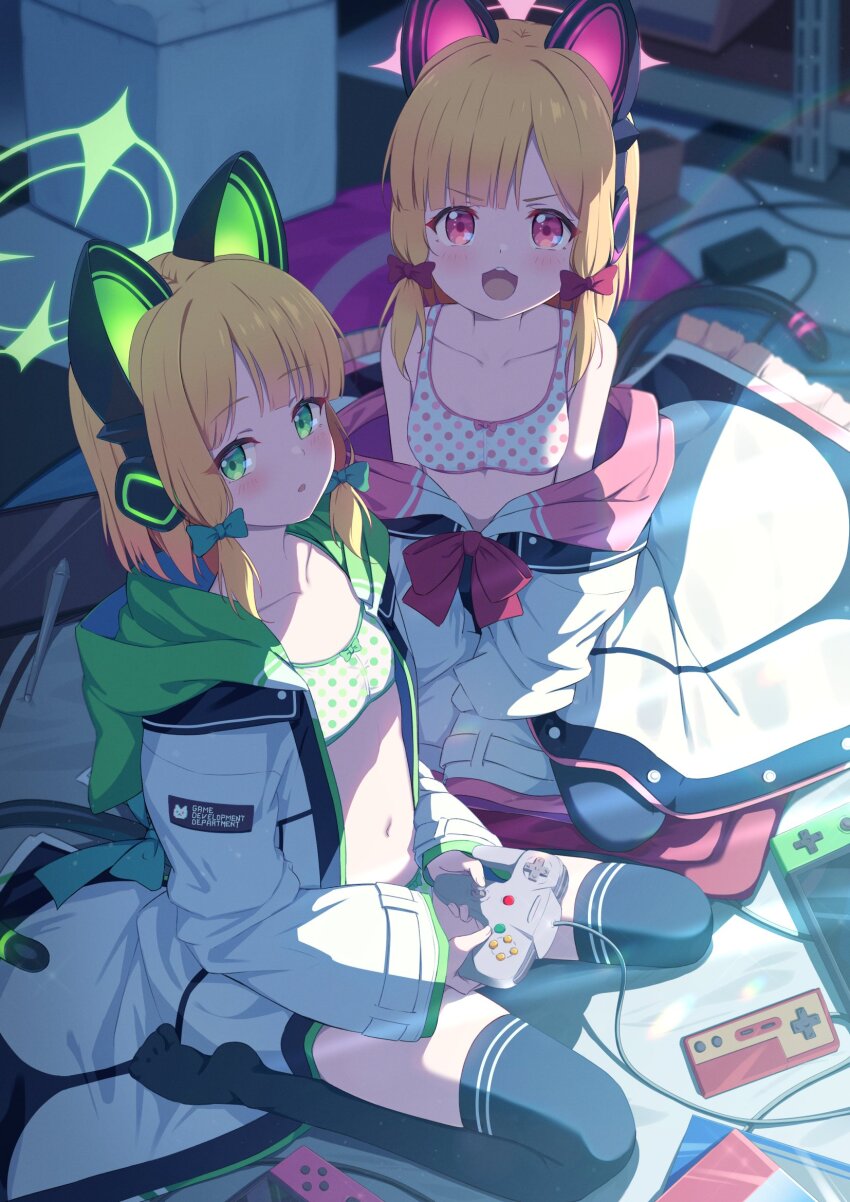 2girls :d animal_ear_headphones animal_ears black_thighhighs blonde_hair blue_archive blunt_bangs blush bow bow_bra bra breasts cat_ear_headphones collarbone commentary controller expressionless fake_animal_ears famicom_gamepad game_controller green_bra green_eyes hair_bow halo headphones highres holding holding_controller holding_game_controller hood hooded_jacket indoors jacket looking_at_viewer midori_(blue_archive) miso_(misomiso_154) momoi_(blue_archive) multiple_girls nintendo_64_controller nintendo_switch open_clothes open_jacket open_mouth open_shirt parted_lips pink_bra pink_eyes polka_dot polka_dot_bra seiza shade short_hair siblings sisters sitting small_breasts smile thighhighs twins underwear v-shaped_eyebrows