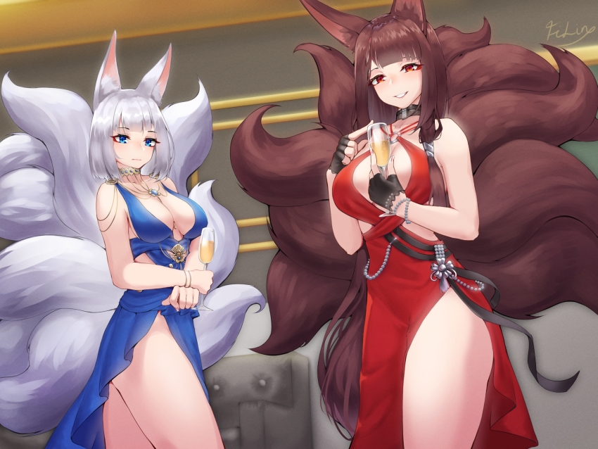 2girls akagi_(azur_lane) akagi_(ruby-laced_beauty)_(azur_lane) akagi_(ruby-laced_beauty)_(azur_lane) alternate_costume animal_ears azur_lane bare_shoulders black_gloves blue_dress blue_eyes blunt_bangs bracelet breasts brown_hair champagne_flute choker cleavage closed_mouth collarbone cup dress drinking_glass eyeshadow filin fingerless_gloves fox_ears fox_girl fox_tail gloves halter_dress halterneck highres holding holding_cup indoors jewelry kaga_(azur_lane) kaga_(exalted_white_wings)_(azur_lane) large_breasts long_hair looking_at_viewer makeup multiple_girls multiple_tails parted_lips red_dress red_eyes short_hair sleeveless smile standing tail thighs very_long_hair white_hair