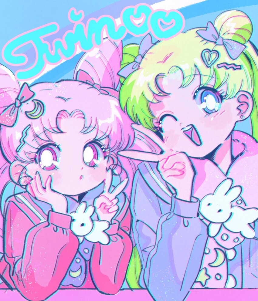 1990s_(style) 2girls :o ;d bishoujo_senshi_sailor_moon blue_background blue_eyes bow bright_pupils chibi_usa chromatic_aberration crescent crescent_hair_ornament crescent_print english_text green_hair hair_behind_ear hair_bow hair_ornament hand_on_own_cheek hand_on_own_face hands_up heart heart_hair_ornament highres korozikoro long_hair long_sleeves looking_at_viewer multiple_girls one_eye_closed open_mouth parted_bangs pink_bow pink_eyes pink_hair pink_scarf pink_shirt puffy_long_sleeves puffy_sleeves purple_bow purple_sailor_collar purple_shirt retro_artstyle sailor_collar sailor_moon scarf shirt simple_background smile star_(symbol) star_print table twintails twintails_day upper_body v white_pupils