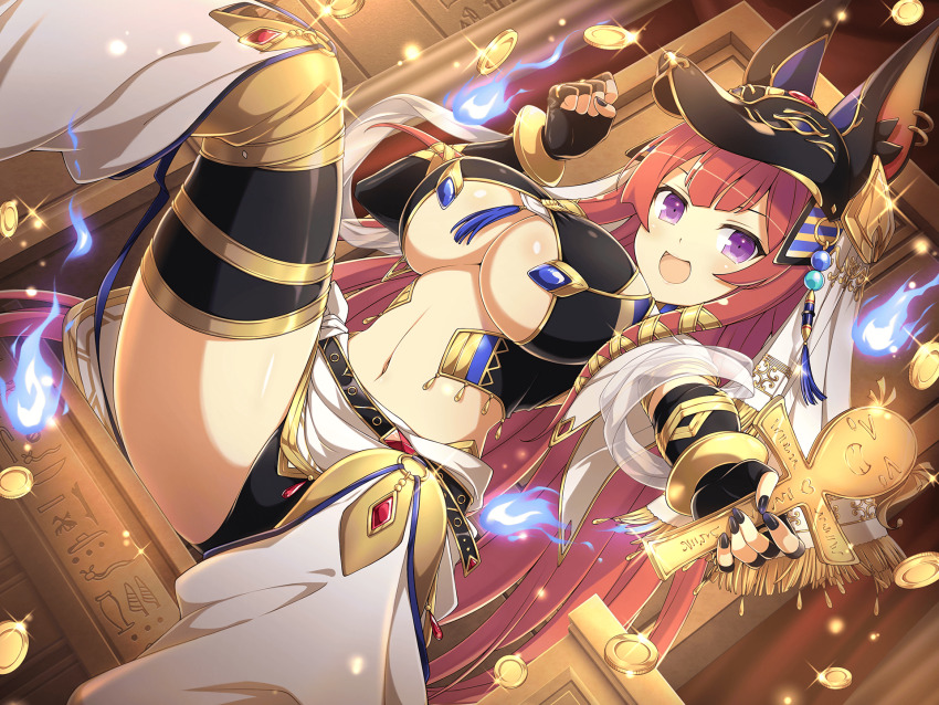 1girl ancient_egyptian ancient_egyptian_clothes animal_ears ankh anubis_(mythology) anubis_(mythology)_(cosplay) ashiya_(senran_kagura) blush breasts cosplay eye_of_horus fingerless_gloves gloves gold highres jackal_ears jackal_tail jewelry large_breasts long_hair nail_polish official_alternate_costume official_alternate_hairstyle official_art open_mouth panties pantyshot purple_eyes red_hair ribbon senran_kagura senran_kagura_new_link sitting smile throne underboob underwear yellow_ribbon