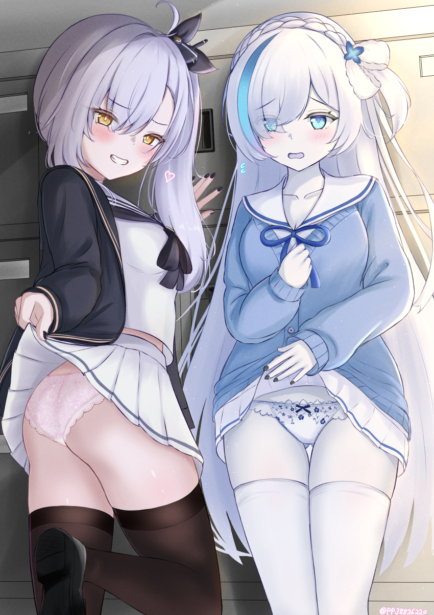 2girls absurdres ass azur_lane black_jacket black_nails black_neckerchief black_sailor_collar black_shoes black_thighhighs blue_eyes blue_hair blush braid clothes_lift colored_skin hair_over_one_eye heart highres jacket long_hair looking_at_viewer medium_hair multiple_girls neckerchief oceana_(azur_lane) open_mouth paashe panties pink_panties purple_hair sailor_collar shirt shoes side_ponytail siren_(azur_lane) skirt skirt_lift smug tb_(azur_lane) tb_(type-l)_(azur_lane) thighhighs underwear very_long_hair white_hair white_panties white_shirt white_skin white_skirt white_thighhighs yellow_eyes