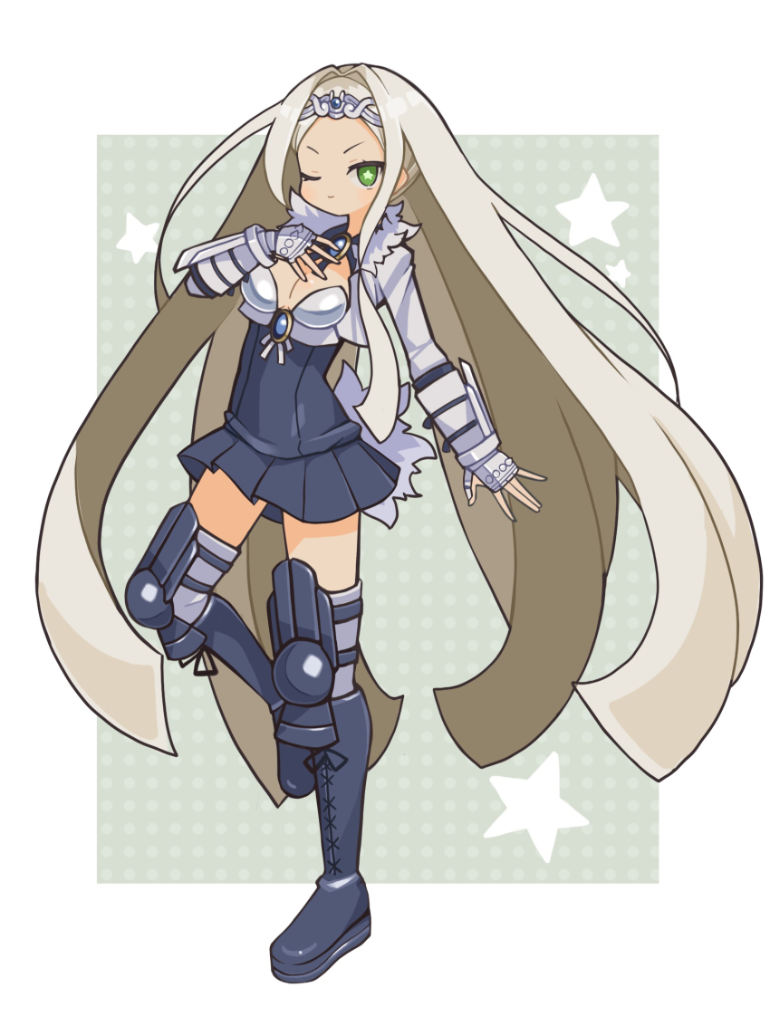 armor blue_brooch blue_dress blue_footwear blue_gemstone blunt_tresses boots bracer breastplate breasts cleavage cropped_jacket cross-laced_footwear dark-skinned_female dark_skin disgaea dress gem green_background green_eyes grey_hair highres long_hair makai_senki_disgaea_3 medium_breasts one_eye_closed pleated_skirt polka_dot polka_dot_background sapphire_rhodonite short_dress skirt smile spiked_gauntlets standing standing_on_one_leg star-shaped_pupils star_(symbol) suaman symbol-shaped_pupils symbol_in_eye thighhighs v-shaped_eyebrows very_long_hair white_thighhighs