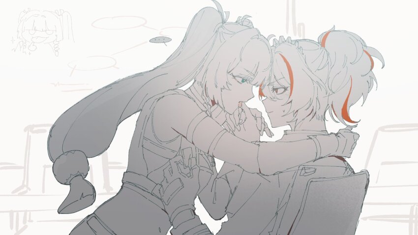 ... 2girls arm_around_neck blush closed_mouth commentary crop_top eye_contact finger_in_another&#039;s_mouth gloves greyscale hashtag-only_commentary highres holding_another&#039;s_tongue holding_hands looking_at_another midriff monochrome multicolored_hair multiple_girls okutorinno open_mouth ponytail qingyi_(zenless_zone_zero) red_eyes red_hair sitting sitting_on_lap sitting_on_person spoken_ellipsis spot_color streaked_hair sweatdrop twintails yuri zenless_zone_zero zhu_yuan