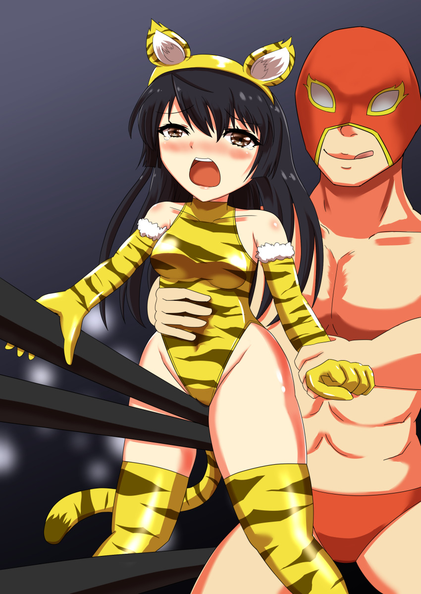 1boy 1girl absurdres black_hair highleg highleg_leotard highres leotard mask mixed_wrestling pro_wrestling red_bikini_shorts tiger_print_leotard