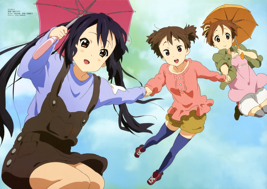 3girls absurdres black_hair blush brown_eyes brown_hair casual detexted hair_ribbon holding_hands highres hirasawa_ui k-on! long_hair megami_magazine multiple_girls nakano_azusa official_art open_mouth parasol red_eyes ribbon round_teeth short_hair shorts smile suzuki_jun teeth thighhighs third-party_edit twintails ueno_chiyoko umbrella very_long_hair