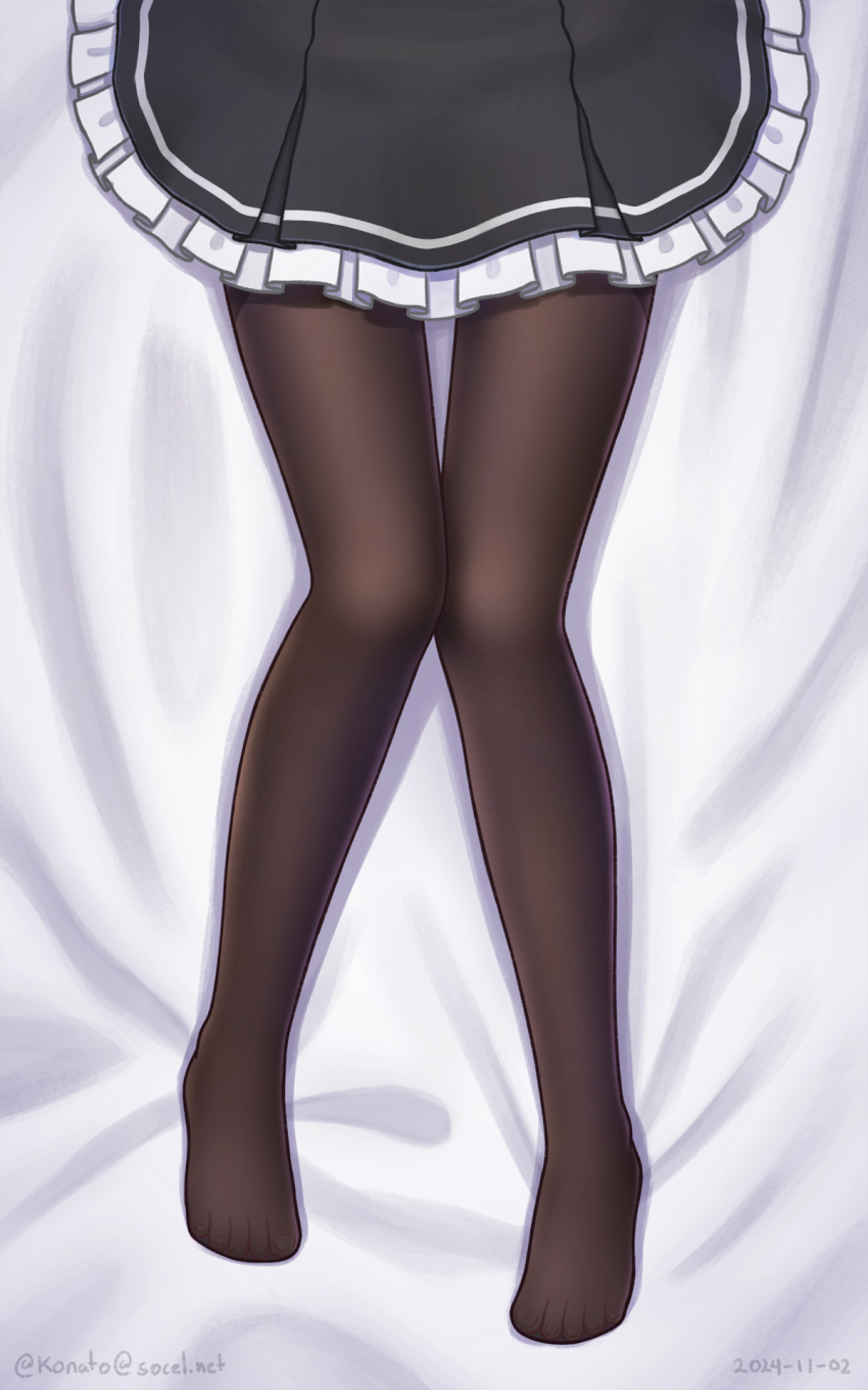 1girl arashio_(kancolle) arashio_kai_ni_(kancolle) black_pantyhose black_skirt commentary_request dakimakura_(medium) frilled_skirt frills head_out_of_frame highres kantai_collection konato_k lower_body lying pantyhose skirt solo