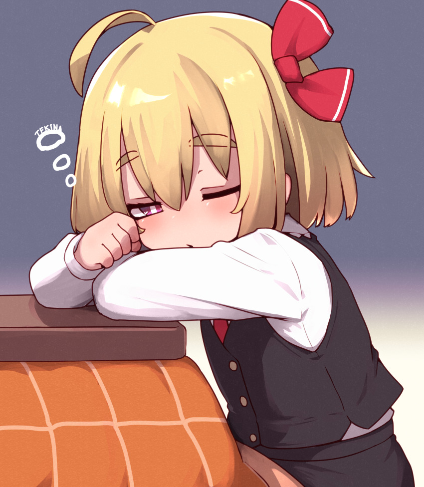 1girl absurdres ahoge artist_name black_vest blonde_hair bow collared_shirt fangs hair_bow highres kotatsu long_sleeves looking_at_viewer necktie one_eye_closed red_bow red_eyes red_necktie rumia shirt short_hair sitting solo table tekina_(chmr) touhou under_kotatsu under_table vest waking_up white_background white_shirt