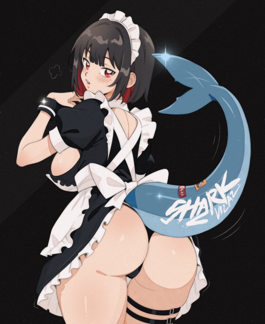 1girl apron artist_name ass black_background black_dress black_hair black_panties black_wrist_cuffs blush breasts colored_inner_hair commentary cowboy_shot dress ellen_joe fins fish_tail frilled_dress frills from_behind hand_up highres large_breasts leaning_forward looking_at_viewer looking_back maid maid_apron maid_headdress medium_hair multicolored_hair panties parted_lips puffy_short_sleeves puffy_sleeves red_eyes red_hair shark_girl shark_tail short_sleeves solo standing tail thigh_strap underwear vizaz white_apron wrist_cuffs zenless_zone_zero