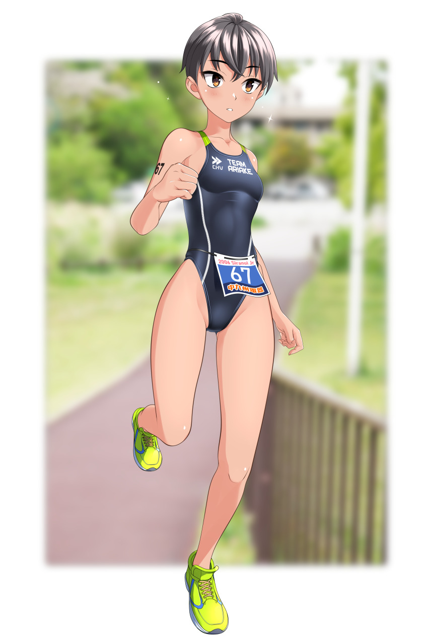 1girl absurdres black_hair black_one-piece_swimsuit blurry blurry_background breasts brown_eyes clothes_writing commentary_request competition_swimsuit covered_navel full_body green_footwear highleg highleg_one-piece_swimsuit highres large_variant_set multicolored_clothes multicolored_swimsuit one-piece_swimsuit original race_bib railing road running short_hair small_breasts solo sweat swimsuit takafumi tomboy triathlon variant_set