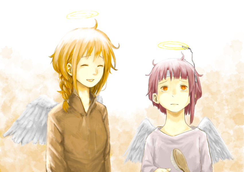 2girls absurdres angel_wings asymmetrical_hair braid braided_ponytail brown_hair brown_shirt closed_eyes creator_connection crossover feathered_wings grey_wings haibane_renmei hair_brush halo highres iwakura_lain multiple_girls open_mouth orange_eyes rakka_(haibane) serial_experiments_lain shirt short_hair smile traditional_halo upper_body white_shirt wings yasu_(shijimi_8)