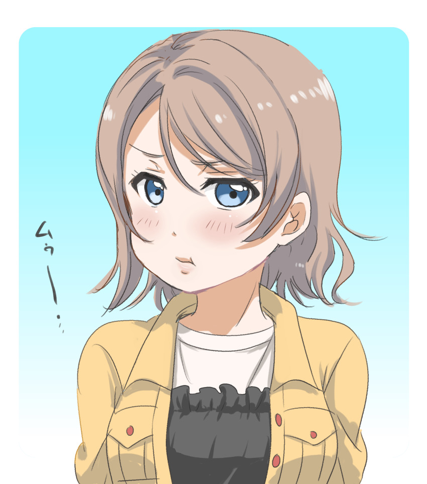 1girl blue_eyes blush breasts highres jacket light_brown_hair looking_at_viewer love_live! love_live!_sunshine!! medium_breasts open_clothes pout rippe shirt short_hair solo unbuttoned watanabe_you wavy_hair white_shirt yellow_jacket