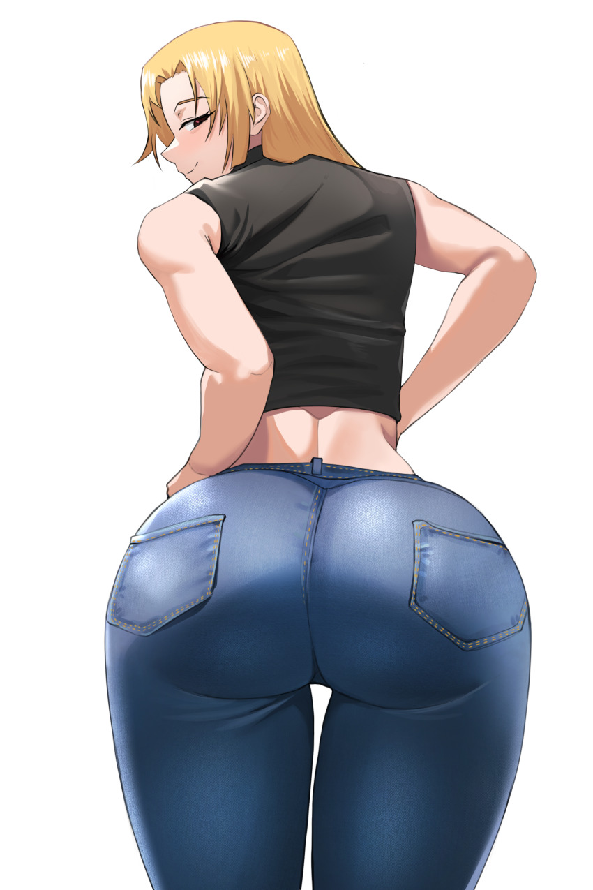 1girl absurdres ass bare_shoulders bellone black_shirt blonde_hair blue_pants denim from_behind highres jeans jujutsu_kaisen long_hair looking_at_viewer looking_back pants profile red_eyes shirt simple_background sleeveless_turtleneck_shirt smile solo tsukumo_yuki_(jujutsu_kaisen) white_background