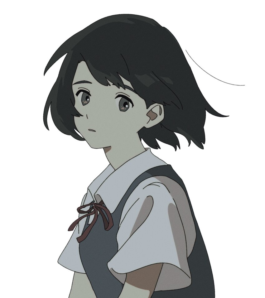 1girl absurdres black_hair blue_vest collared_shirt expressionless floating_hair grey_eyes highres looking_at_viewer neck_ribbon original parted_lips red_ribbon ribbon school_uniform shirt short_hair short_sleeves simple_background solo soma_michiko upper_body vest white_background white_shirt wind