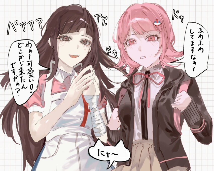 2girls :d apron backpack bag bandaged_arm bandages black_shirt blush brown_background brown_jacket brown_skirt collared_shirt danganronpa_(series) danganronpa_2:_goodbye_despair hands_up highres jacket long_sleeves medium_hair multiple_girls nanami_chiaki neck_ribbon open_clothes open_jacket open_mouth pink_eyes pink_shirt pleated_skirt puffy_short_sleeves puffy_sleeves ribbon shirt short_sleeves skirt smile spaceship_hair_ornament teeth tsumiki_mikan two-tone_shirt wa~a white_apron