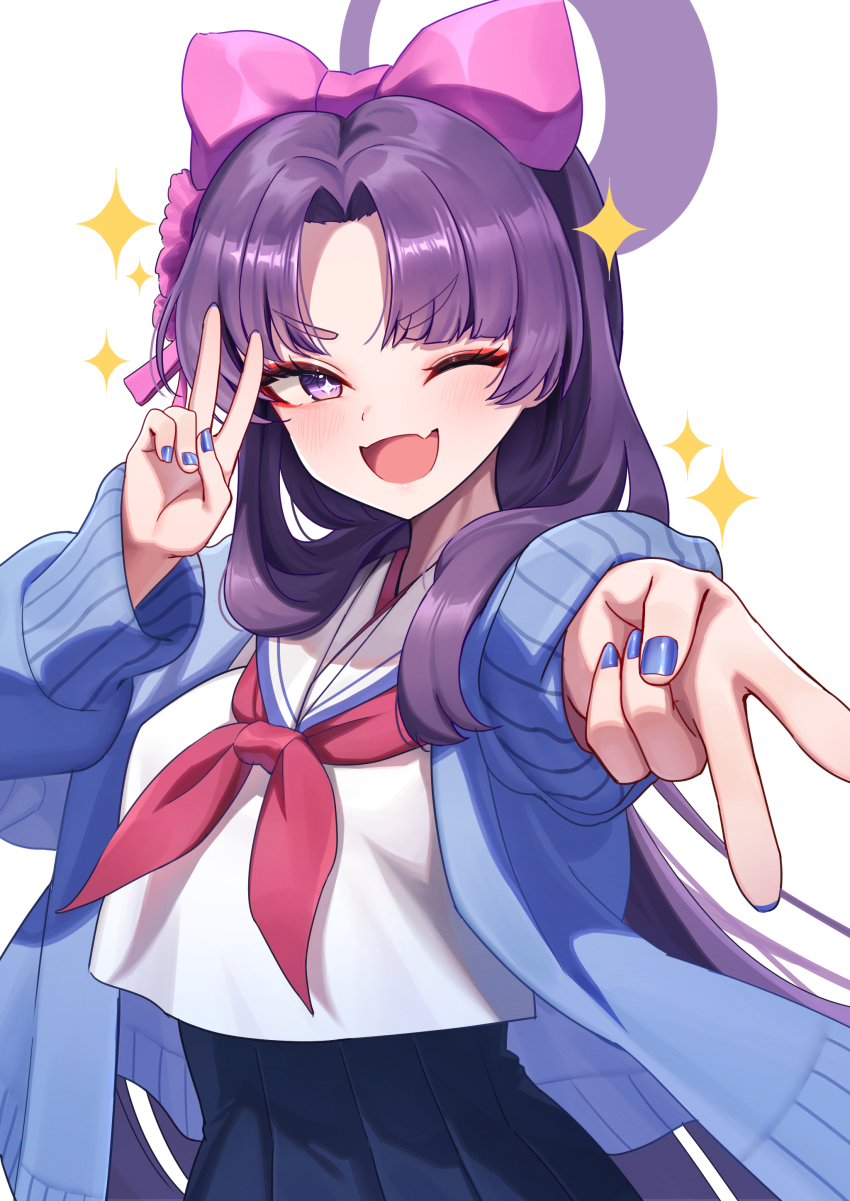 1girl absurdres blue_archive blue_cardigan blue_nails blue_skirt cardigan eyeshadow fang gyaru_v halo highres long_hair looking_at_viewer makeup neckerchief one_eye_closed open_cardigan open_clothes open_mouth pleated_skirt purple_eyes purple_hair purple_halo red_eyeshadow red_neckerchief sailor_collar sailor_shirt sakurahuji-iro school_uniform serafuku shirt skin_fang skirt smile sparkle upper_body v white_sailor_collar white_shirt yukari_(blue_archive)